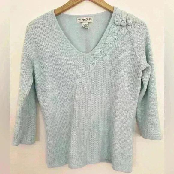 Sage Harbor Vintage Sweater Women’s Size Petite Large Blue Embroidered Sequin - Picture 5 of 8